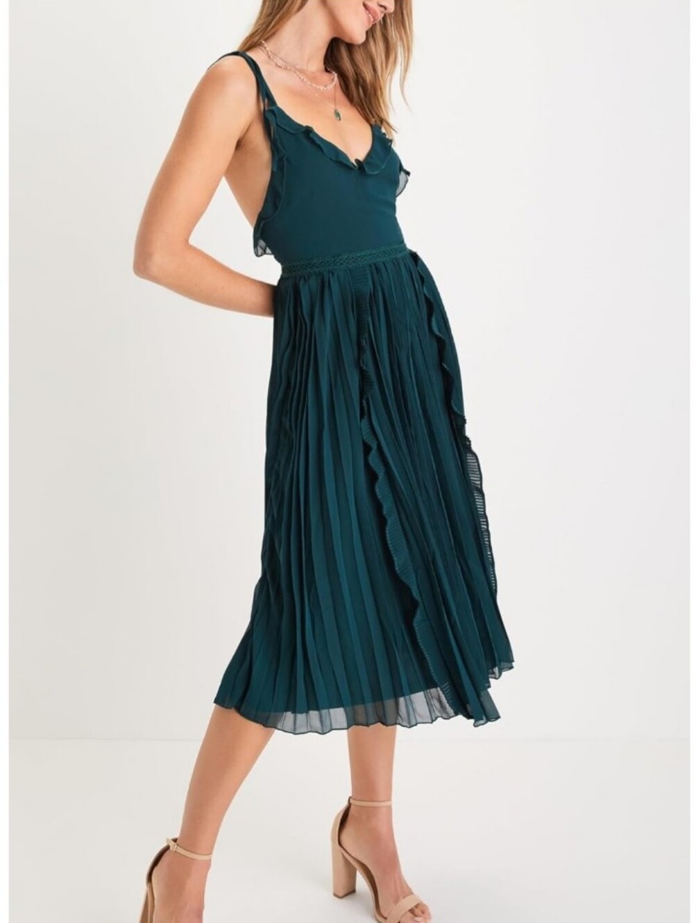 LULUS Size XS Emerald Green Romantic Cocktail Pleated Chiffon Midi Dress NWT